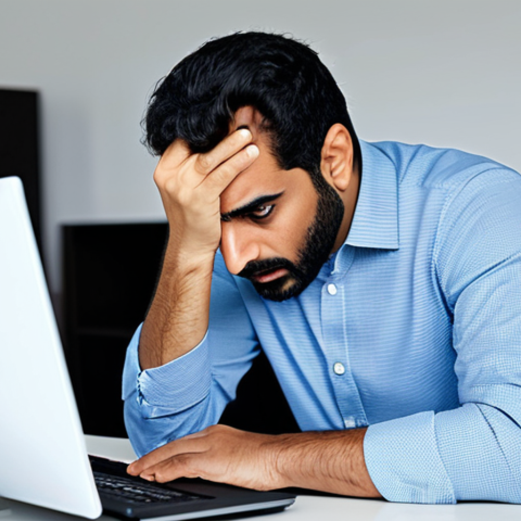 A professional Arab man in a modest business casual shirt and trousers, sitting at a modern desk in a well-lit home office. His gaze is fixed on a computer monitor displaying a vague, ominous error message or a frozen screen, conveying a sense of profound shock and realization. One hand gently touches his forehead, while the other rests on the keyboard. The background is clean and slightly blurred, suggesting a personal workspace. fully clothed, appropriate attire, safe for work, perfect anatomy, correct proportions, natural pose, well-formed hands, proper finger count, natural body proportions, appropriate content, professional photography, high resolution, realistic, family-friendly.