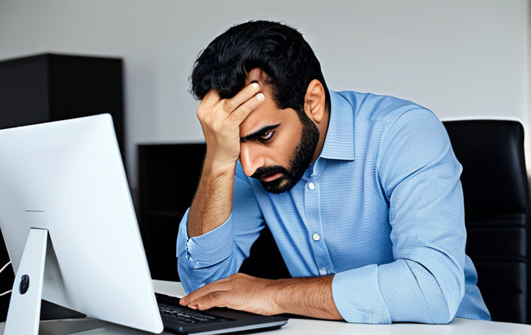 A professional Arab man in a modest business casual shirt and trousers, sitting at a modern desk in a well-lit home office. His gaze is fixed on a computer monitor displaying a vague, ominous error message or a frozen screen, conveying a sense of profound shock and realization. One hand gently touches his forehead, while the other rests on the keyboard. The background is clean and slightly blurred, suggesting a personal workspace. fully clothed, appropriate attire, safe for work, perfect anatomy, correct proportions, natural pose, well-formed hands, proper finger count, natural body proportions, appropriate content, professional photography, high resolution, realistic, family-friendly.
