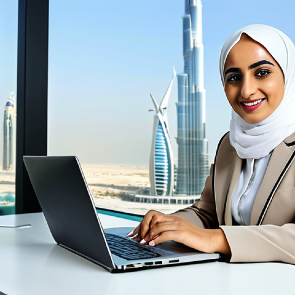 **

"A professional Arab businesswoman in a fully clothed, modest, and stylish business suit, working on a laptop in a bright and modern office in Dubai, United Arab Emirates. The background features a clean, organized workspace with a view of the city skyline. She has a confident and friendly expression. Safe for work, appropriate content, perfect anatomy, correct proportions, professional, high quality."

**