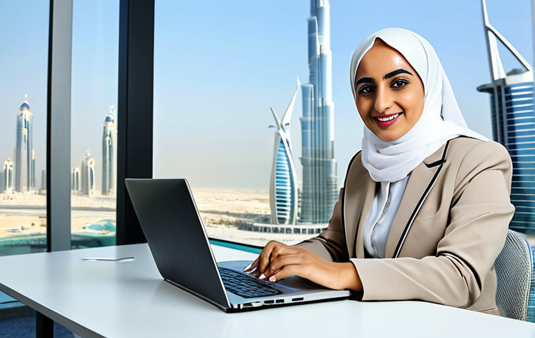 **

"A professional Arab businesswoman in a fully clothed, modest, and stylish business suit, working on a laptop in a bright and modern office in Dubai, United Arab Emirates. The background features a clean, organized workspace with a view of the city skyline. She has a confident and friendly expression. Safe for work, appropriate content, perfect anatomy, correct proportions, professional, high quality."

**