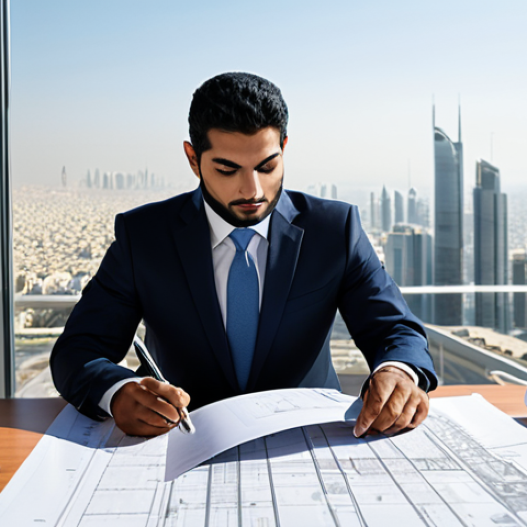 A professional Arab architect, fully clothed in a modest business attire, reviewing blueprints in a modern, sunlit office overlooking a cityscape, safe for work, appropriate content, perfect anatomy, natural pose, professional.