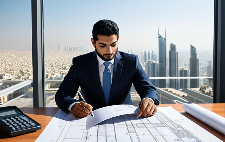 A professional Arab architect, fully clothed in a modest business attire, reviewing blueprints in a modern, sunlit office overlooking a cityscape, safe for work, appropriate content, perfect anatomy, natural pose, professional.
