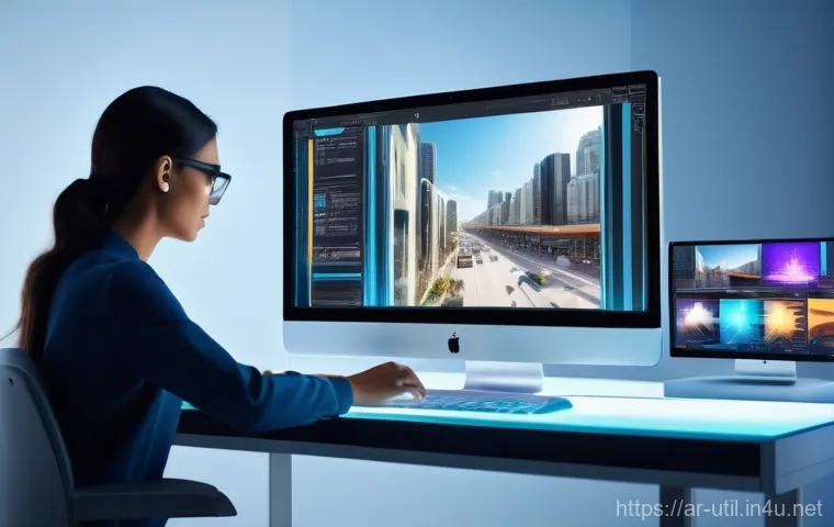 동영상 편집 소프트웨어 무료 및 유료 비교 - The Craft of Digital Storytelling** A focused shot of a young, modestly dressed Arab video editor, m...