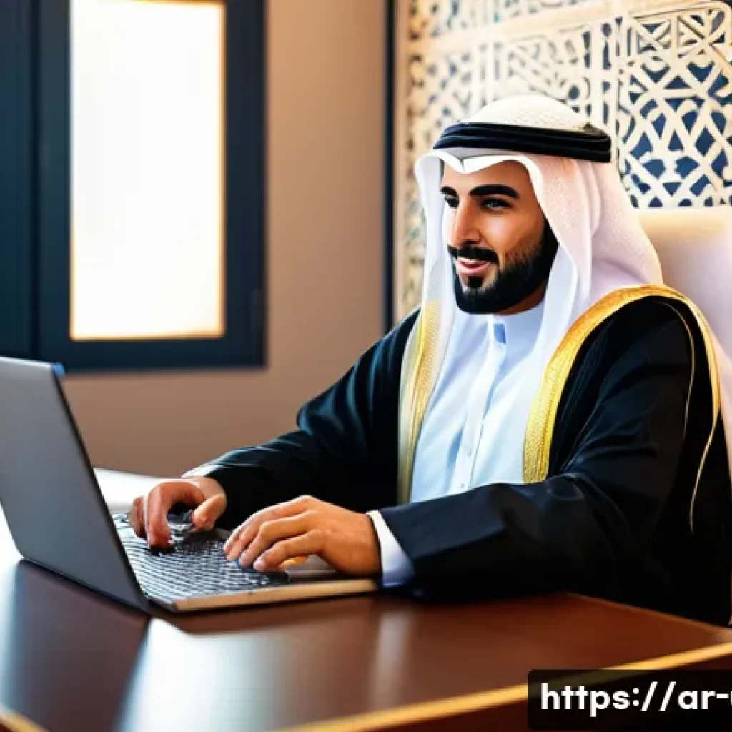 PDF 편집 프로그램 무료 및 유료 비교 - A modern Arabic office setting with a professional Arab man in business attire working on a sleek la...