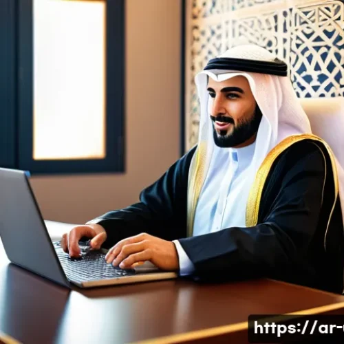 PDF 편집 프로그램 무료 및 유료 비교 - A modern Arabic office setting with a professional Arab man in business attire working on a sleek la...