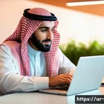 PC 전원 관리 소프트웨어 - A modern Arabic office environment with a young professional using a sleek laptop, Arabic calendar a...