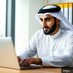 디스크 파티션 관리 소프트웨어 - A professional Arab man in his 30s sitting at a modern desk in a bright home office, focused on his ...