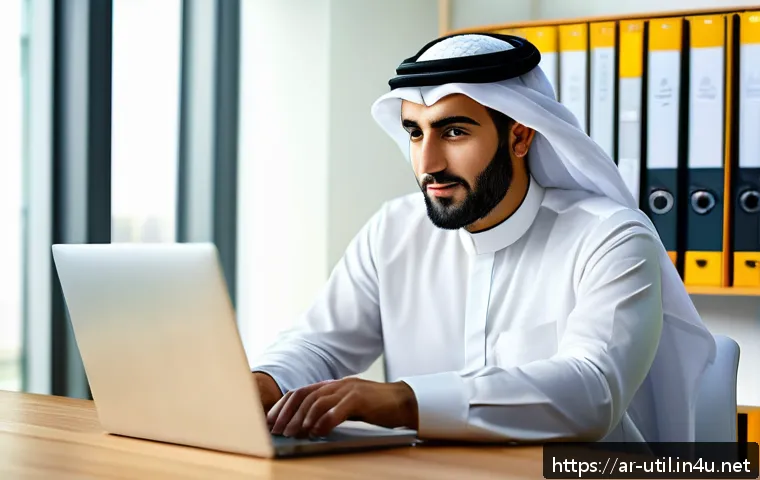 디스크 파티션 관리 소프트웨어 - A professional Arab man in his 30s sitting at a modern desk in a bright home office, focused on his ...